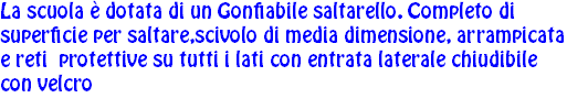 La scuola è dotata di un Gonfiabile saltarello. Completo di superficie per saltare,scivolo di media dimensione, arrampicata e reti protettive su tutti i lati con entrata laterale chiudibile con velcro